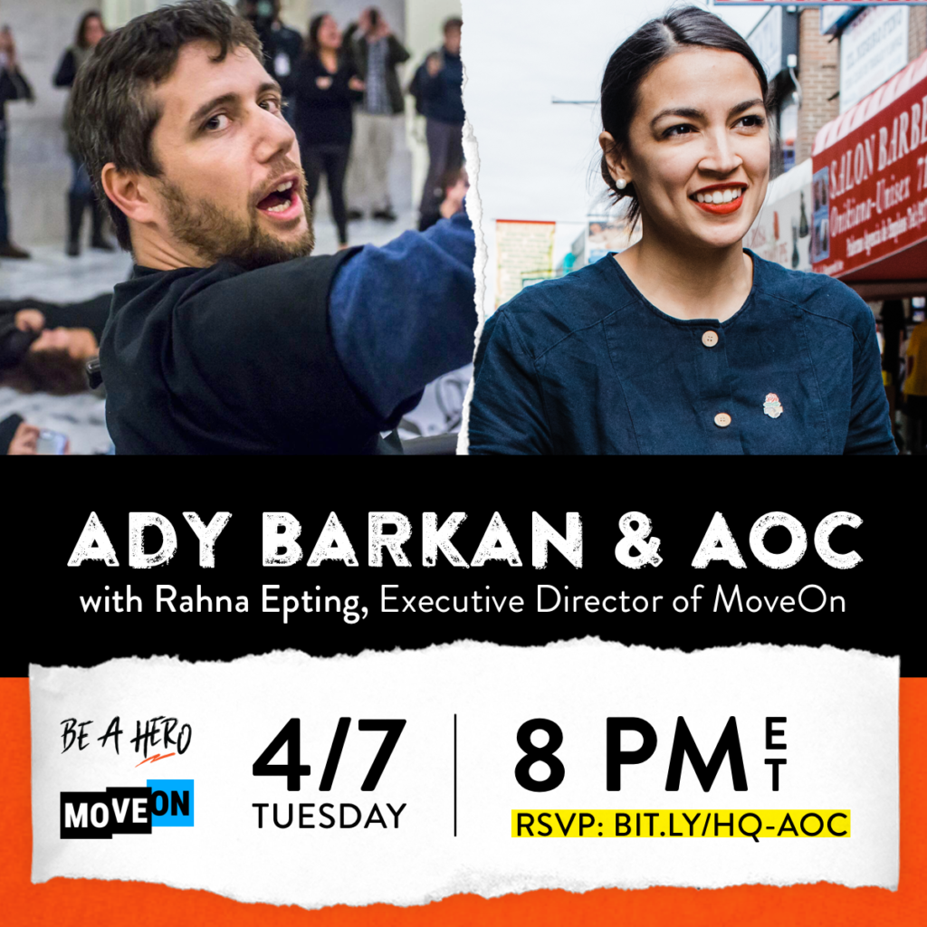 Ad graphic for an event with Ady Barkan and AOC