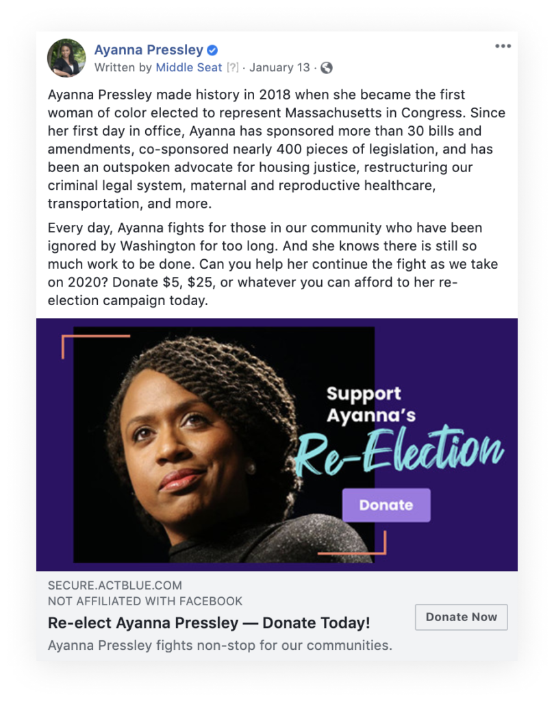 Facebook ad for Ayanna's Re-Election